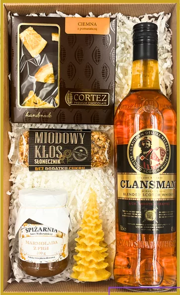 Zestaw prezentowy z whisky Clansman, czekoladą Cortez i miodowym kłosem w ozdobnym pudełku.